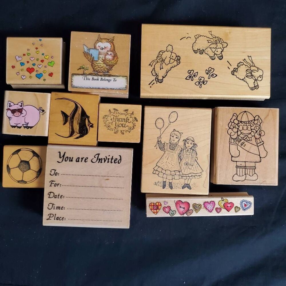 Rubber Stamp Lot of 11 – Borders, Animals, Alphabet, Vintage Craft Supplies